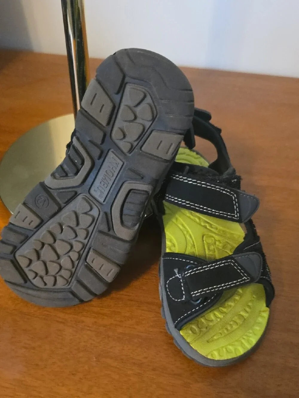 Khombu Black Sandals with Lime Green Insole - Adjustable Velcro